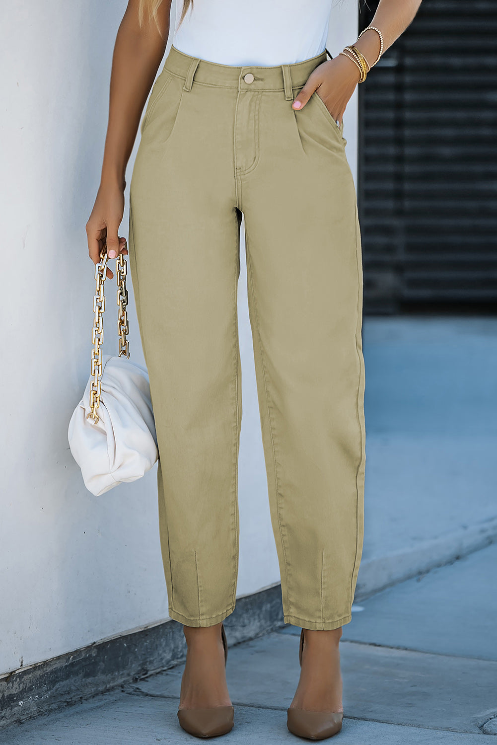 White Solid Casual High Waist Straight Leg Pants - Cowtown Bling N Things