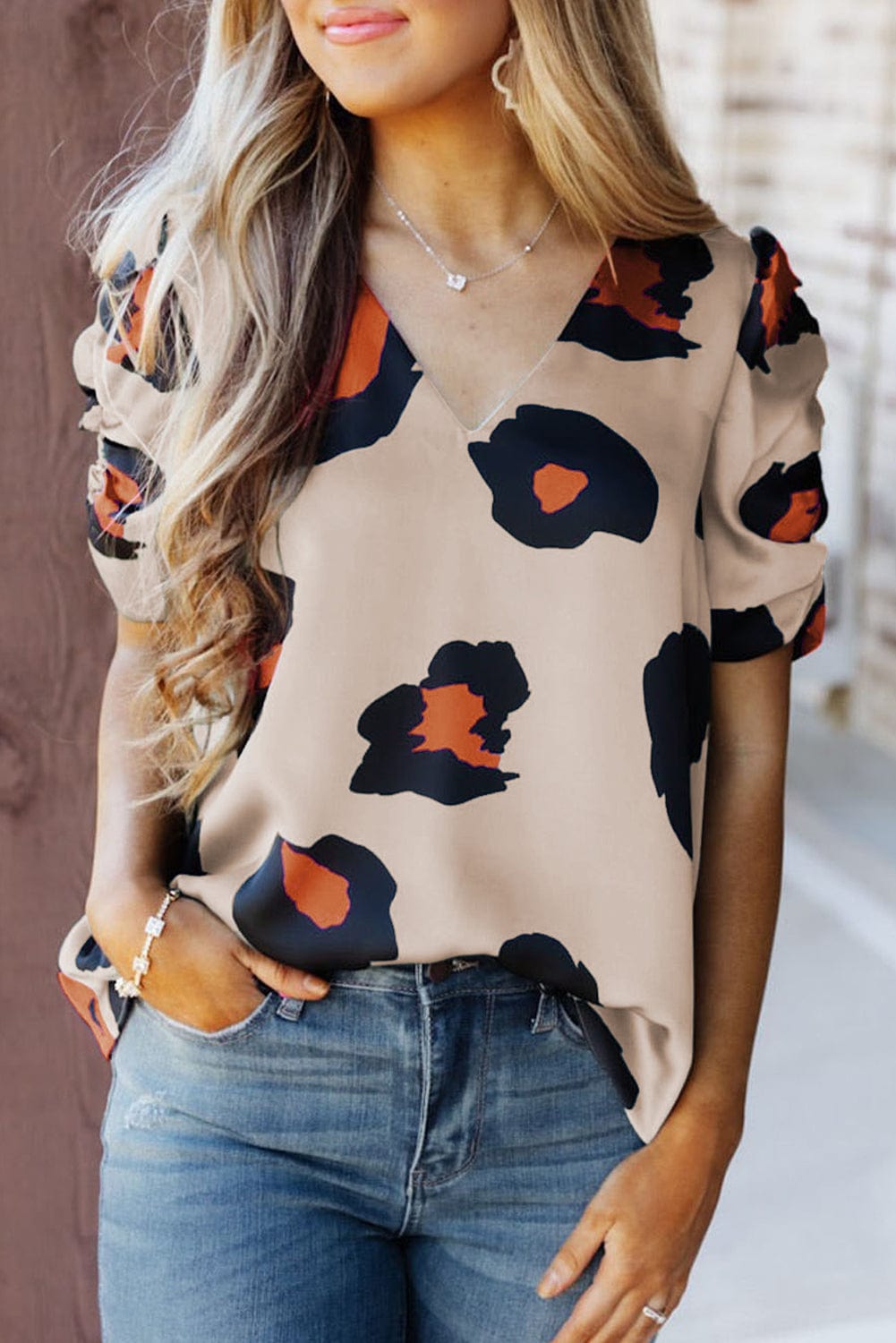 Blue V Neck Ruched Short Sleeve Leopard Print Short Sleeve Blouse - Cowtown Bling N Things