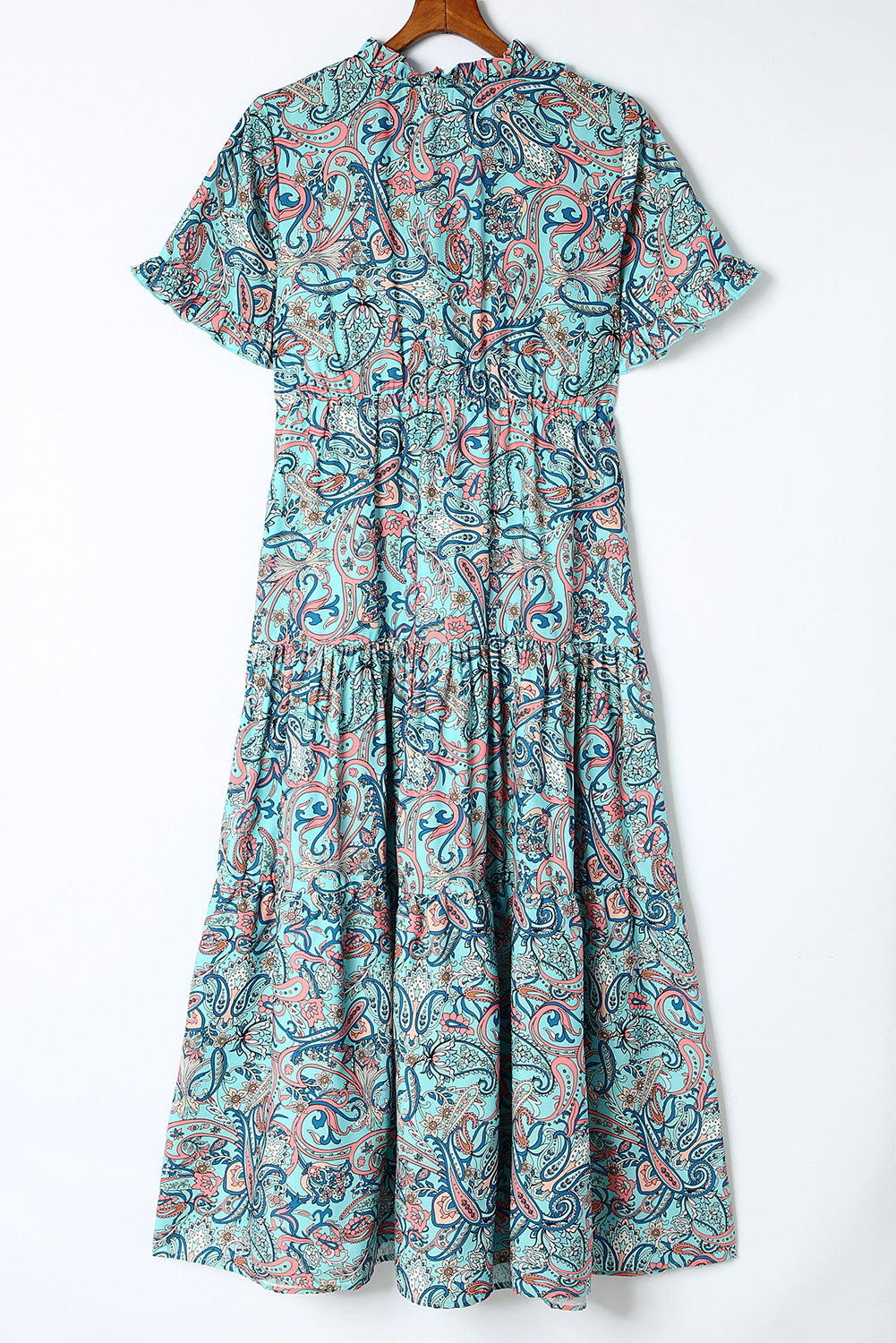 Sky Blue Paisley Print Split V Neck Tiered Boho Maxi Dress - Cowtown Bling N Things