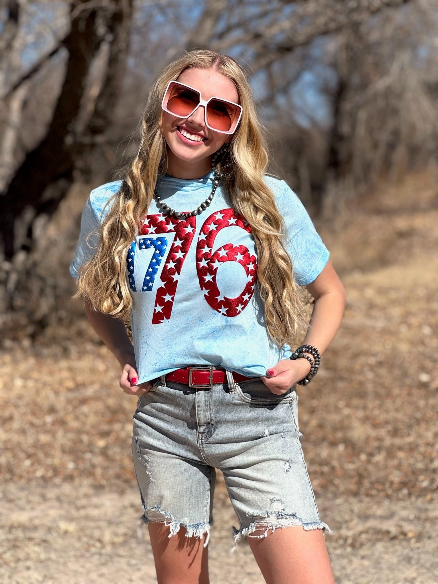 1776 graphic tee one model front view
