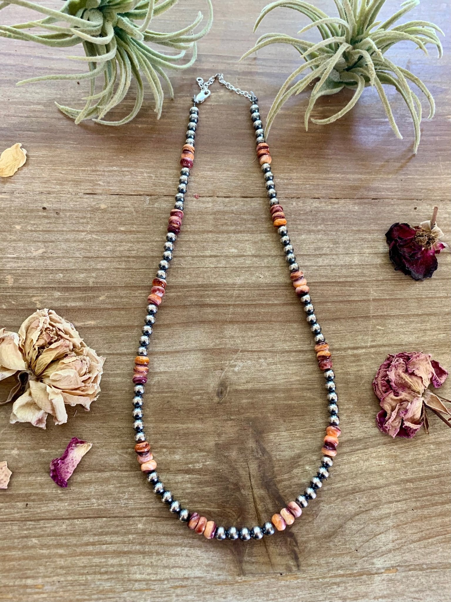 18 Inch 5 mm Sterling Silver Pearls necklace with orange/red spiny rondelle - Cowtown Bling N Things