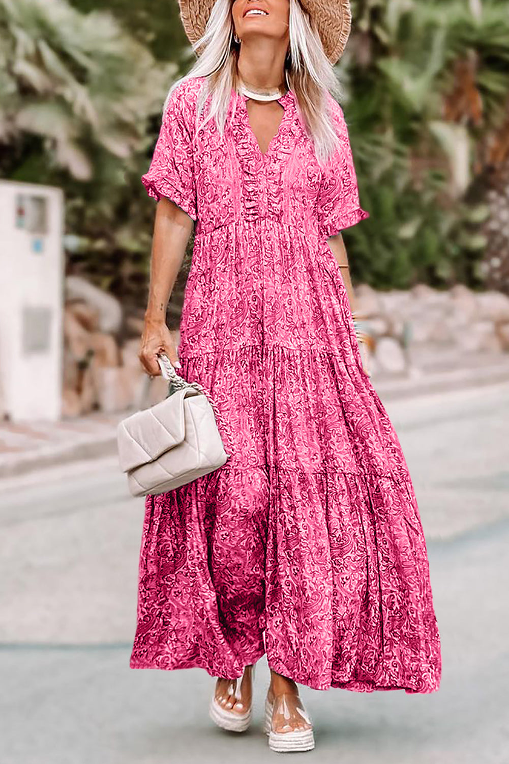 Sky Blue Paisley Print Split V Neck Tiered Boho Maxi Dress - Cowtown Bling N Things