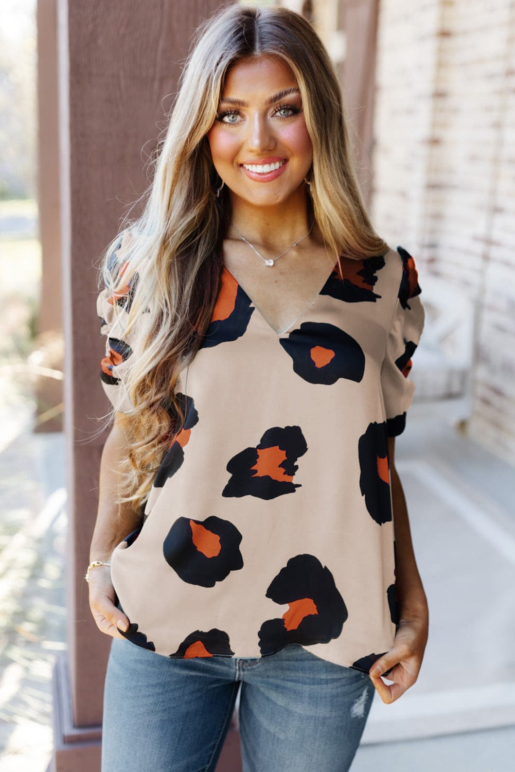Blue V Neck Ruched Short Sleeve Leopard Print Short Sleeve Blouse - Cowtown Bling N Things