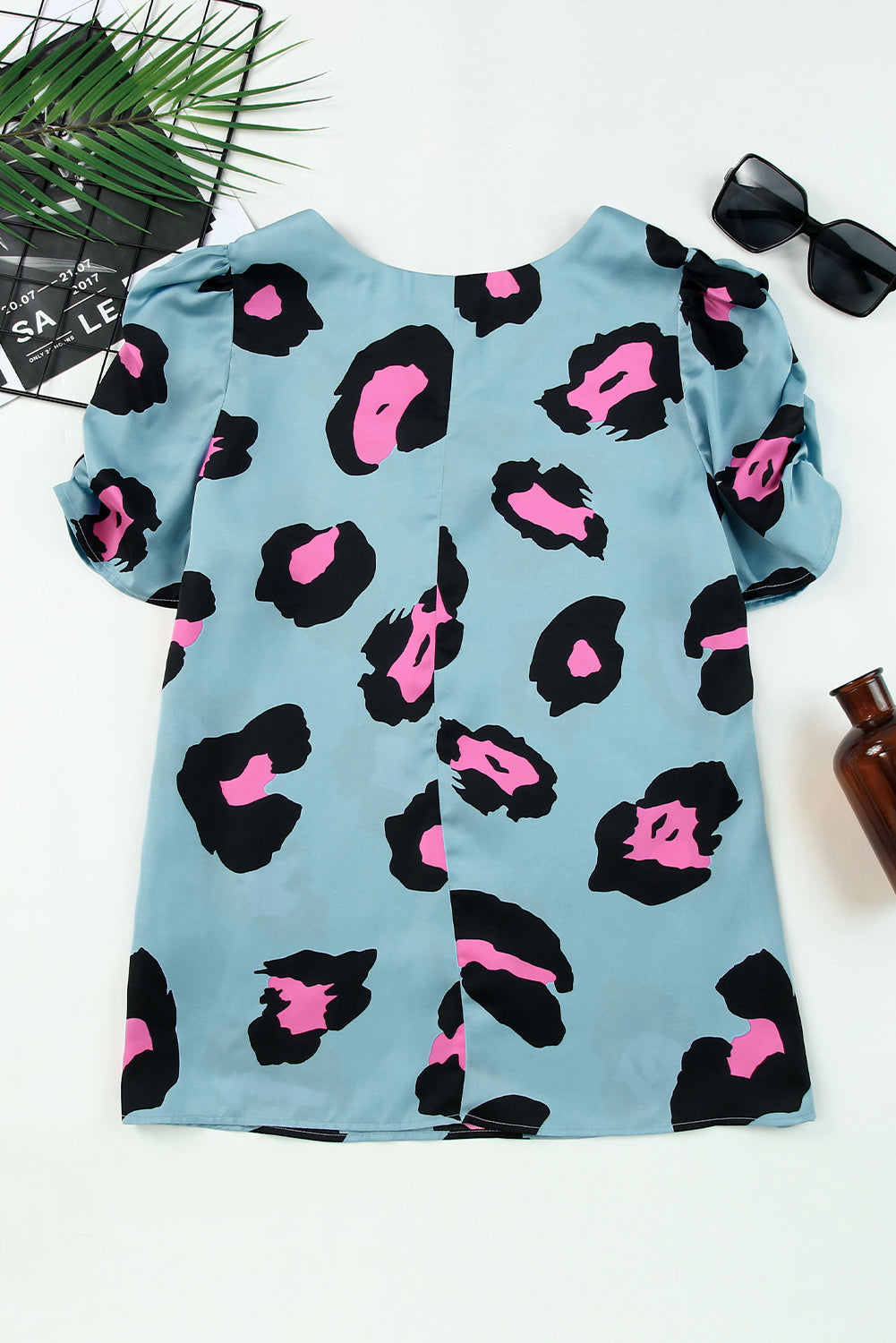 Blue V Neck Ruched Short Sleeve Leopard Print Short Sleeve Blouse - Cowtown Bling N Things