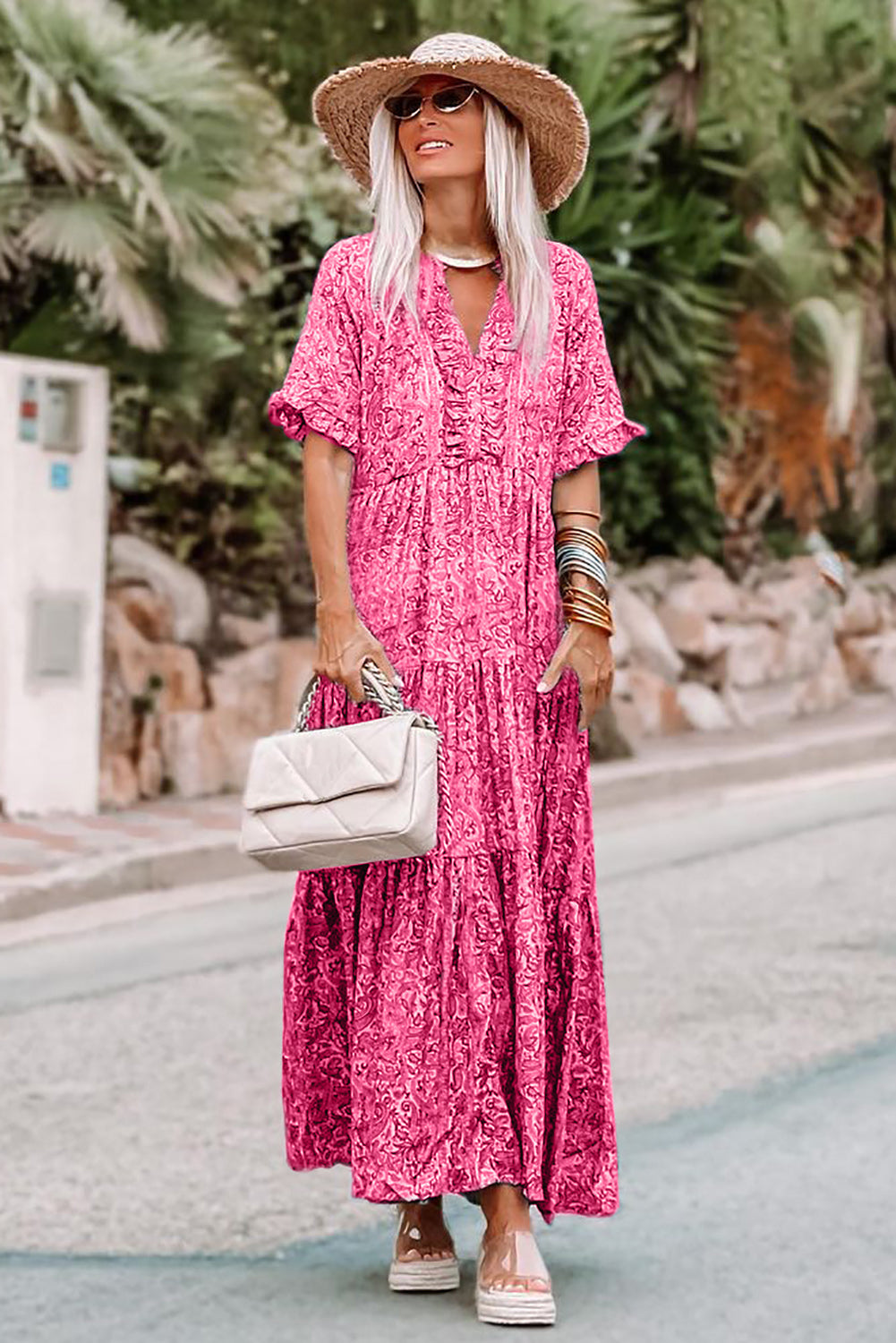 Sky Blue Paisley Print Split V Neck Tiered Boho Maxi Dress - Cowtown Bling N Things