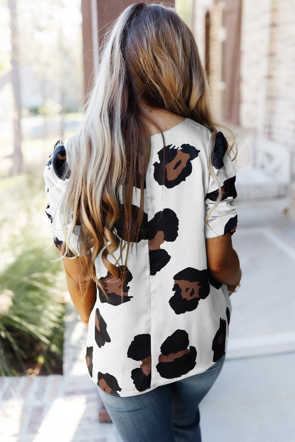 Blue V Neck Ruched Short Sleeve Leopard Print Short Sleeve Blouse - Cowtown Bling N Things