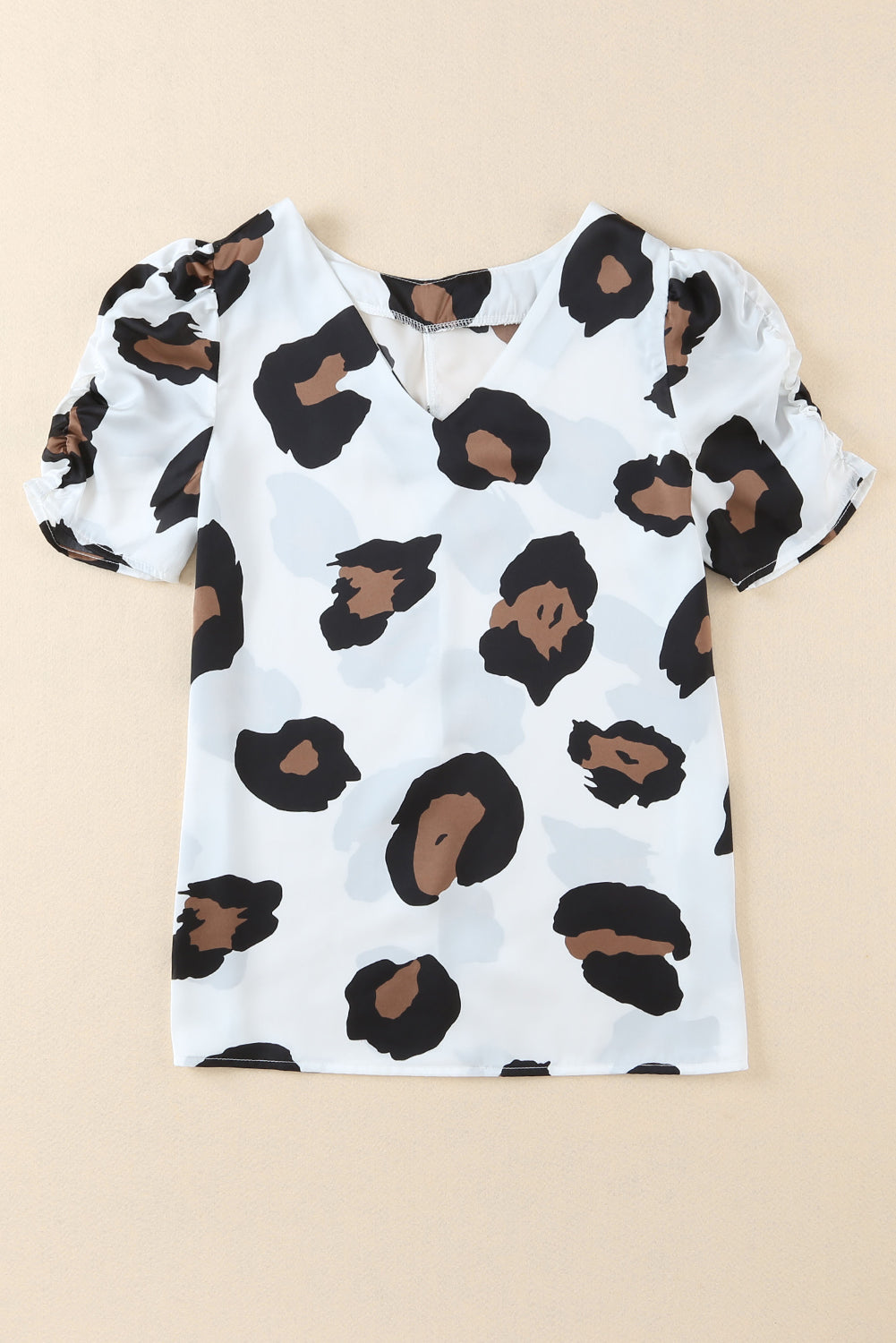 Blue V Neck Ruched Short Sleeve Leopard Print Short Sleeve Blouse - Cowtown Bling N Things
