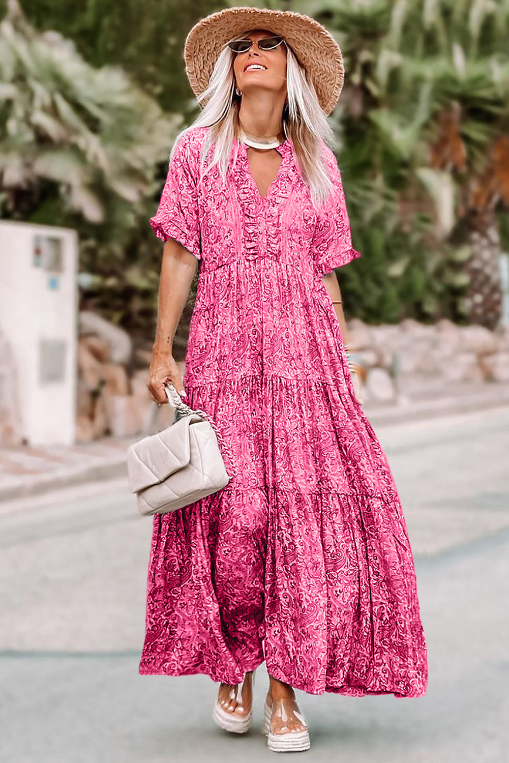 Sky Blue Paisley Print Split V Neck Tiered Boho Maxi Dress - Cowtown Bling N Things