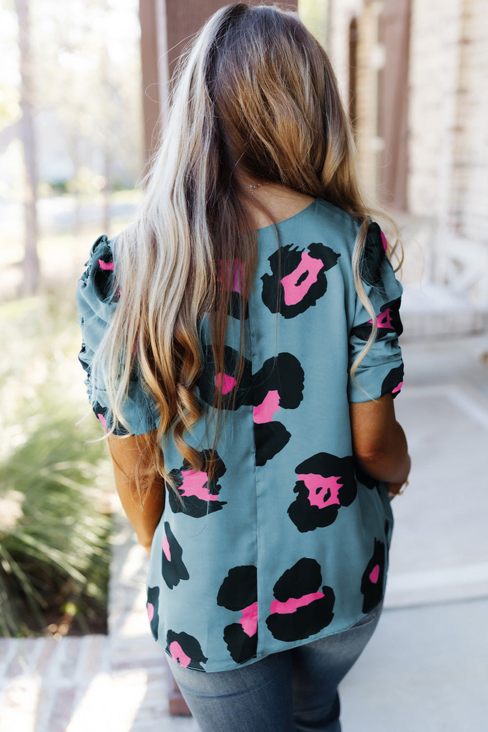 Blue V Neck Ruched Short Sleeve Leopard Print Short Sleeve Blouse - Cowtown Bling N Things