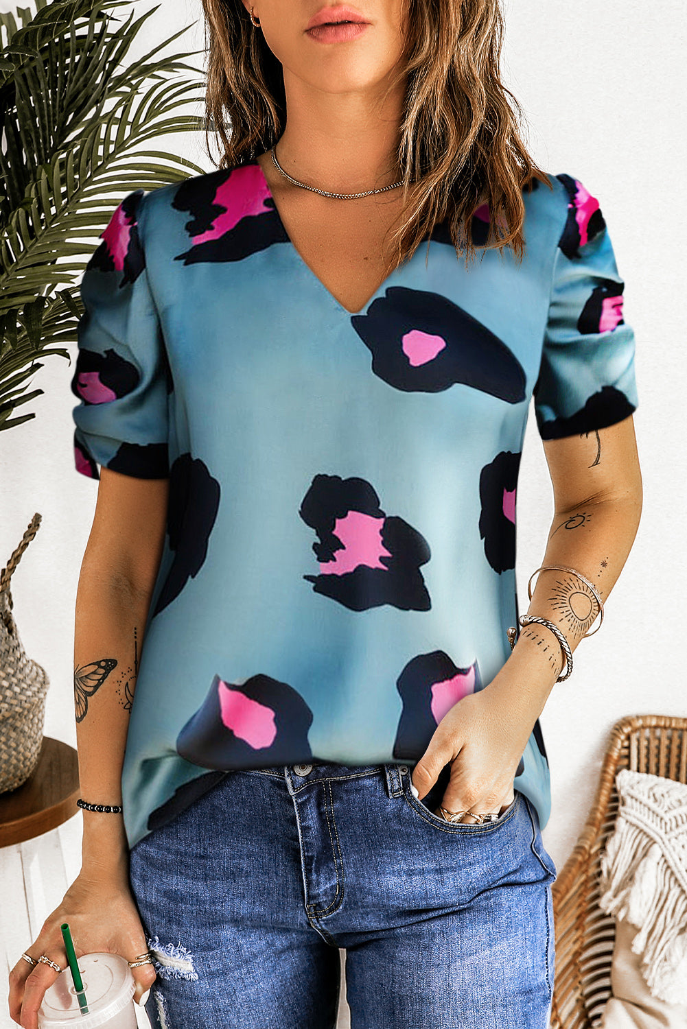Blue V Neck Ruched Short Sleeve Leopard Print Short Sleeve Blouse - Cowtown Bling N Things