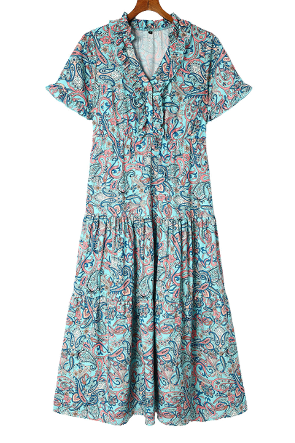 Sky Blue Paisley Print Split V Neck Tiered Boho Maxi Dress - Cowtown Bling N Things