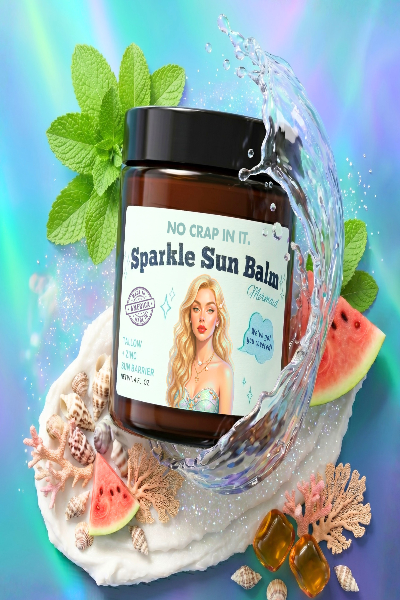 Sparkle Sun Balm jar with watermelon, mint leaves, and ocean elements on a colorful background