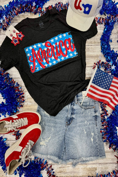 America graphic tee flat lay