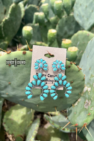 Turquoise earrings on a card with 'Randy Crow' branding, set against a cactus background.