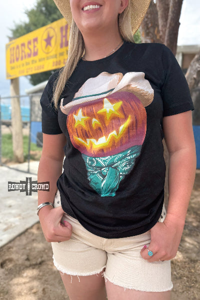 Close up of woman wearing Western Halloween tee with jack-o'-lantern in cowboy hat – Rowdy Crowd Clothing