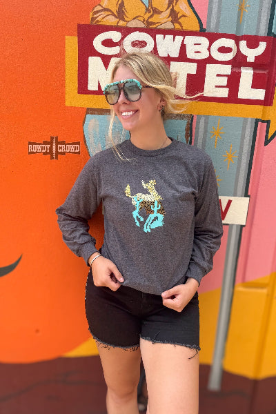 Rowdy Crowd Rodeo Nights gray long sleeve graphic tee unisex fit available at Cowtown Bling N Things