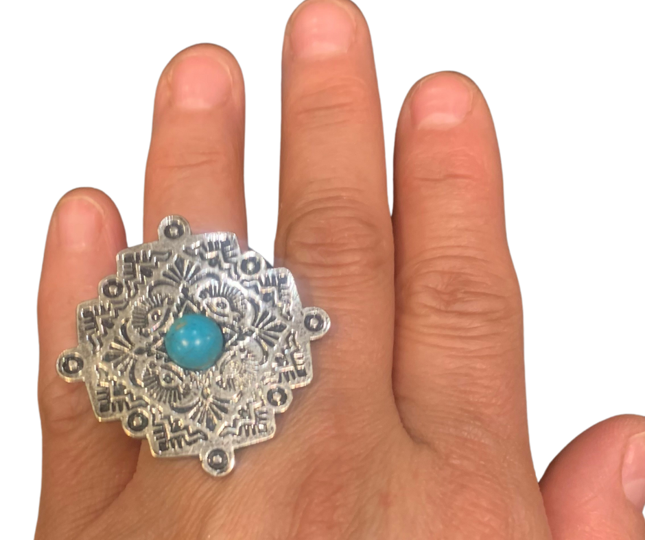 San Angelo Cross With Howlite Turquoise Stretchy Ring - Cowtown Bling N Things