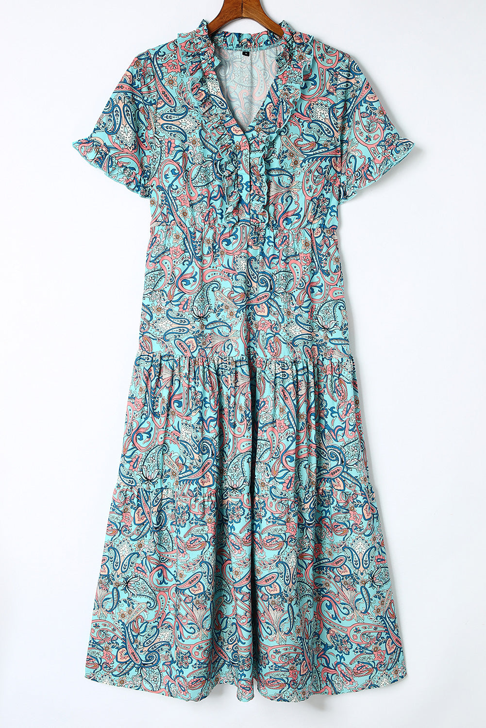 Sky Blue Paisley Print Split V Neck Tiered Boho Maxi Dress - Cowtown Bling N Things