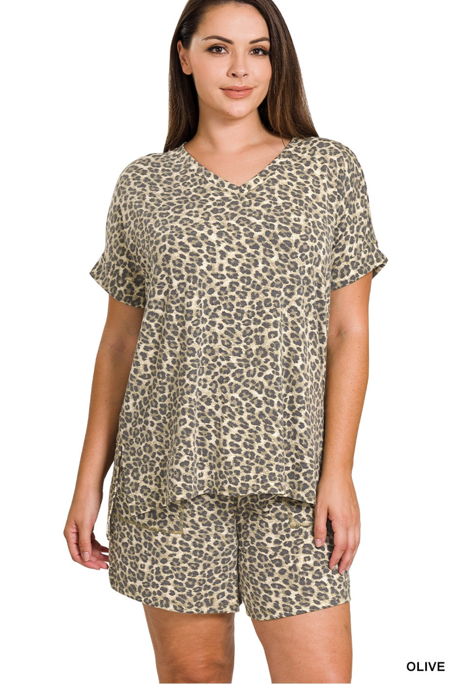 Leopard V-Neck Top & Drawstring Shorts Set (Curvy) - Cowtown Bling N Things