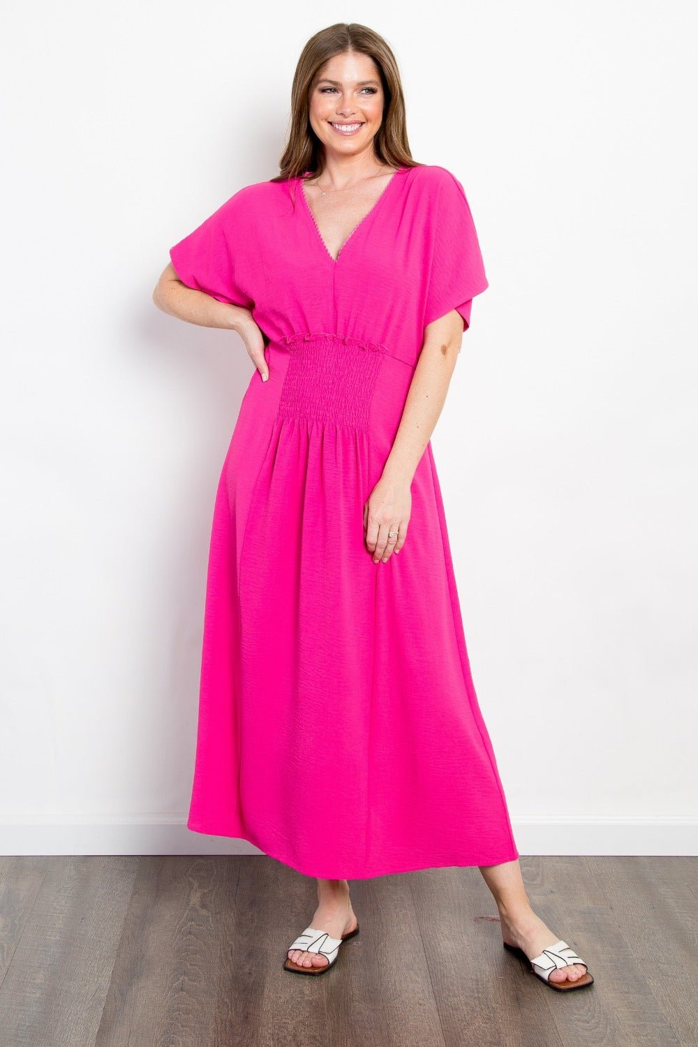 Be Stage Full Size Shirred Front Short Sleeve Maxi Dress - Cowtown Bling N Things