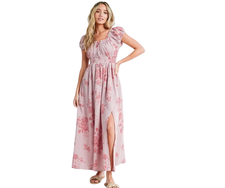 Bluivy Floral Print Smocked Babydoll Maxi Dress