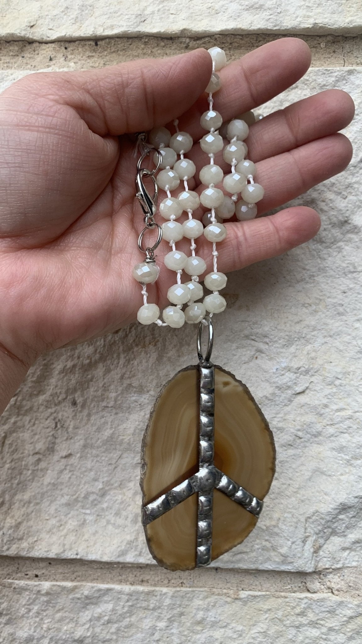 Brazilian Agate Slice Gemstone With Soldered Peace Sign| Crystal Necklace| Made in USA - Cowtown Bling N Things