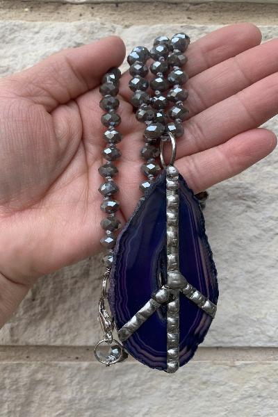 Brazilian Agate Slice Gemstone With Soldered Peace Sign| Crystal Necklace| Made in USA - Cowtown Bling N Things