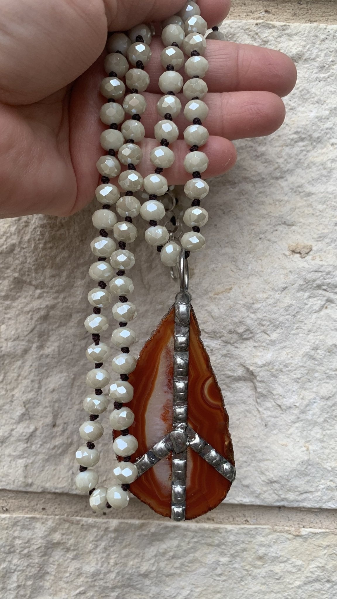 Brazilian Agate Slice Gemstone With Soldered Peace Sign| Crystal Necklace| Made in USA - Cowtown Bling N Things