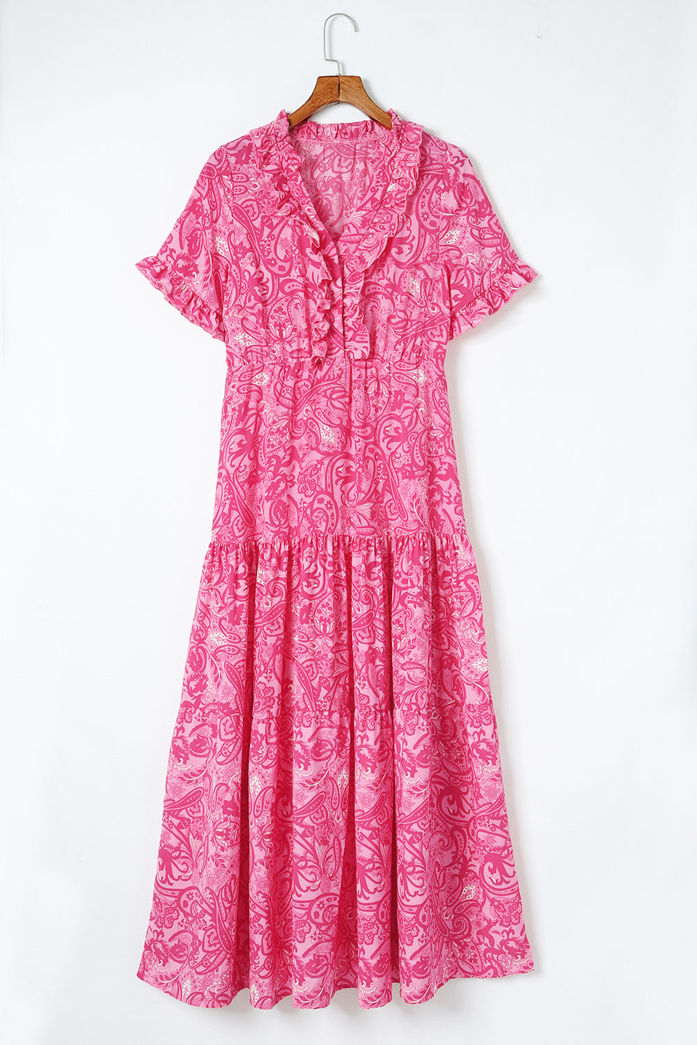 Sky Blue Paisley Print Split V Neck Tiered Boho Maxi Dress - Cowtown Bling N Things