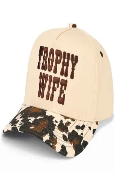 C.C. "Trophy Wife" Embroidered Cow Print Trucker Hat | Adjustable Baseball Cap - Cowtown Bling N Things