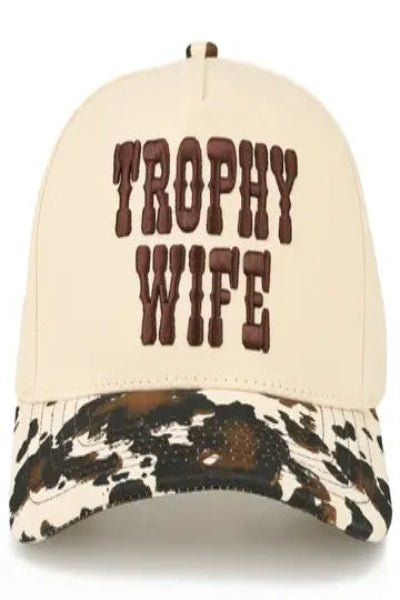 C.C. "Trophy Wife" Embroidered Cow Print Trucker Hat | Adjustable Baseball Cap - Cowtown Bling N Things