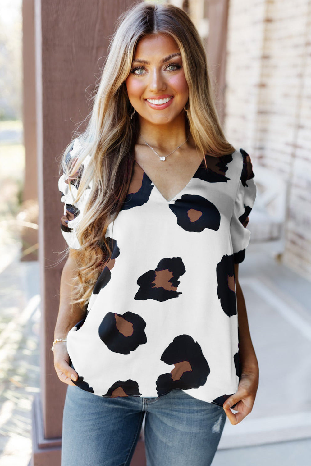 Blue V Neck Ruched Short Sleeve Leopard Print Short Sleeve Blouse - Cowtown Bling N Things