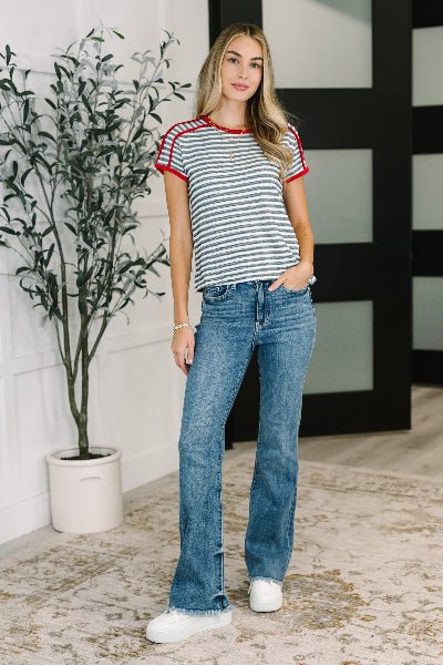 Country Stripe Casual Tee in Navy White - Cowtown Bling N Things