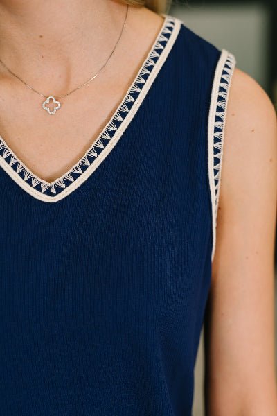 Dear Scarlett Airloom Trim Detail Mini Tank Dress in Navy - Cowtown Bling N Things
