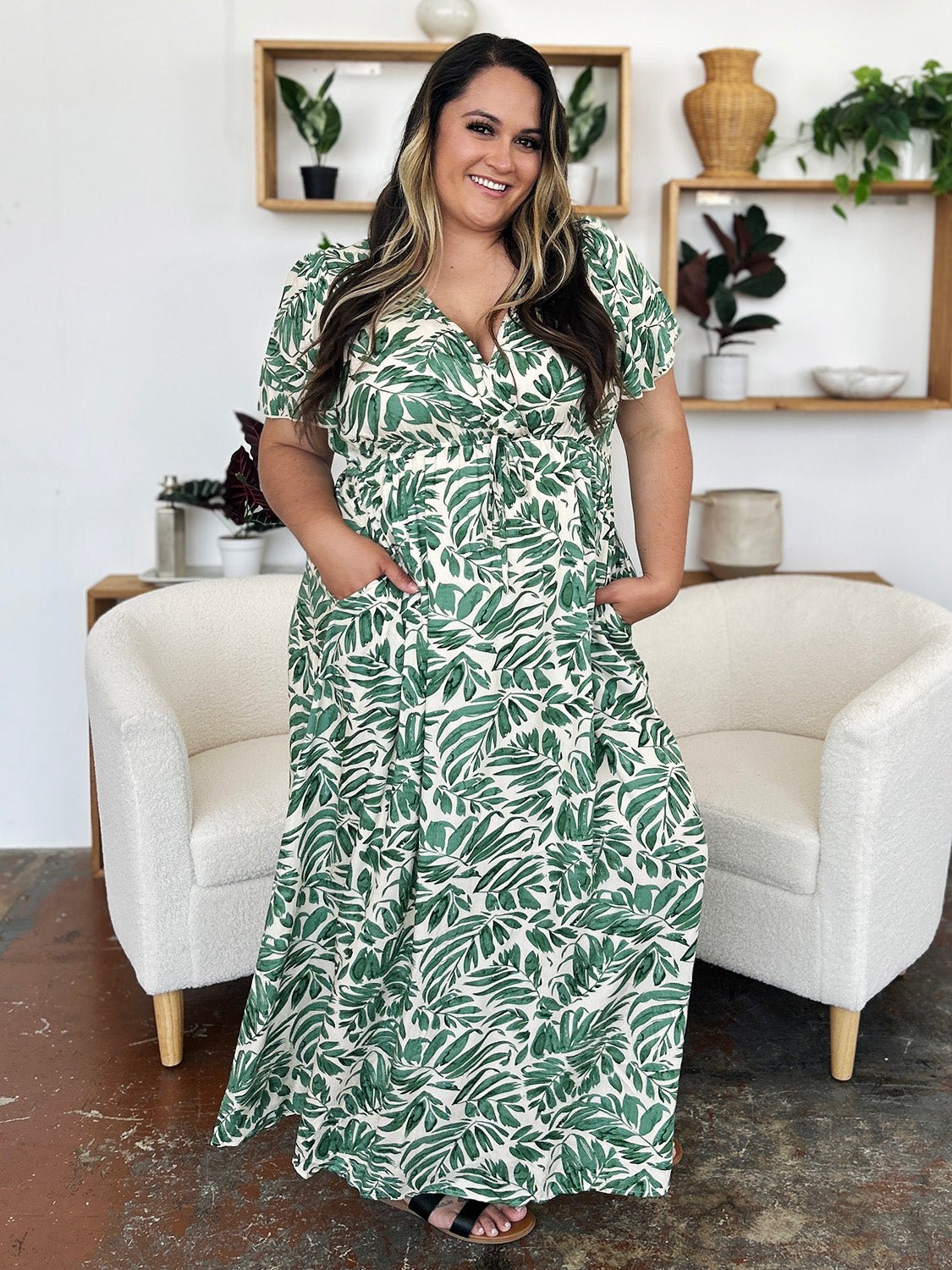 Double Take Full Size Printed Drawstring Short Sleeve Dress - Cowtown Bling N Things
