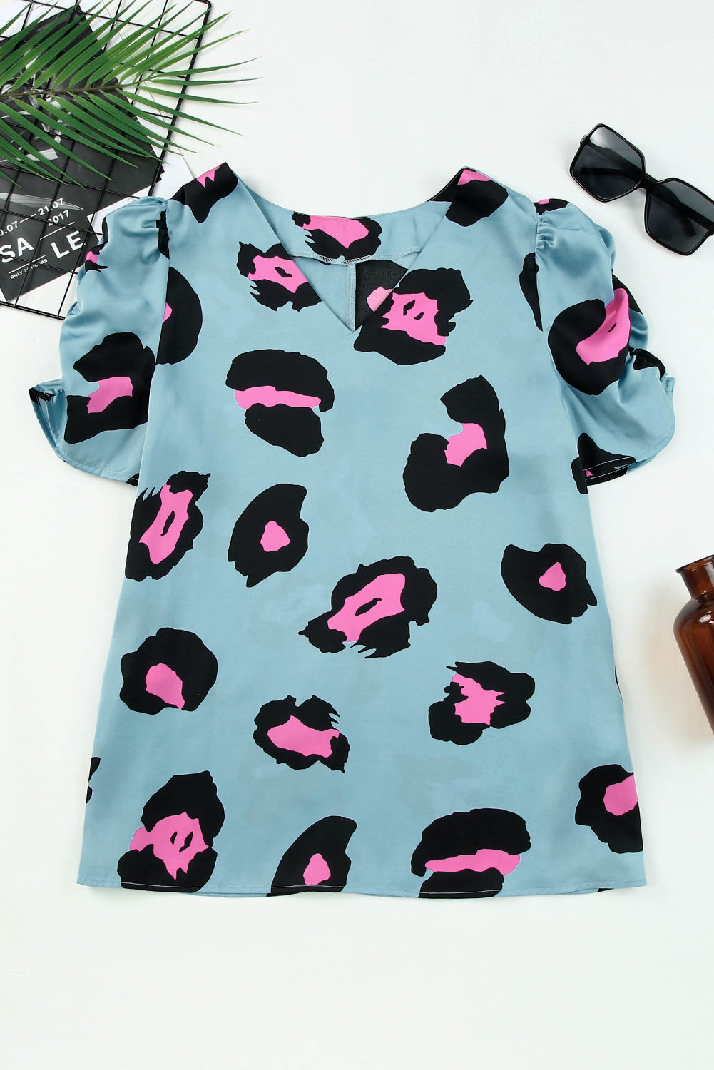 Blue V Neck Ruched Short Sleeve Leopard Print Short Sleeve Blouse - Cowtown Bling N Things