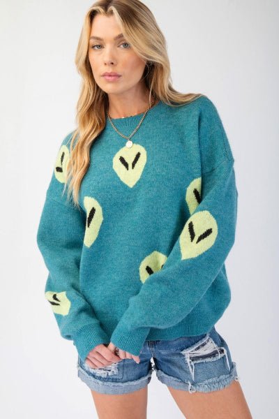 Easel | Alien Pattern| Sweater| Teal | S - L - Cowtown Bling N Things