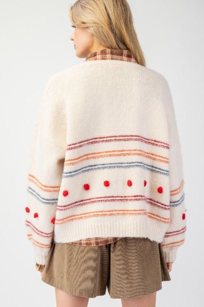 Easel Beige Pompom Stripe Knit Sweater Cardigan - Cowtown Bling N Things