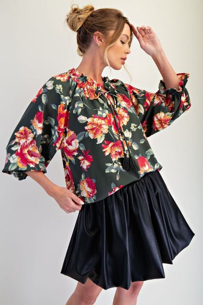 Easel Floral Printed Woven Peach Top | Ruffled Neckline Blouse - Cowtown Bling N Things