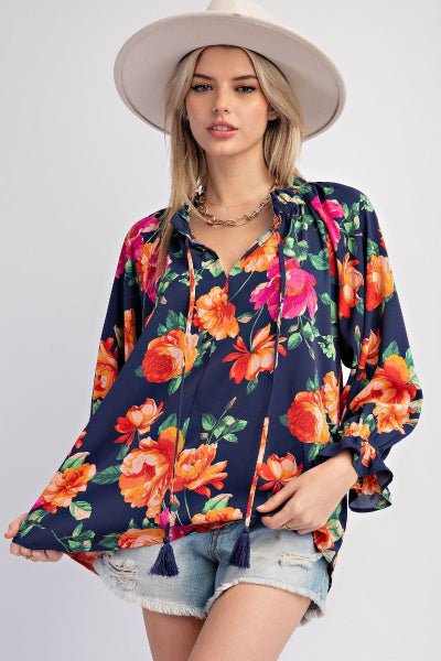 Easel Floral Printed Woven Peach Top | Ruffled Neckline Blouse - Cowtown Bling N Things