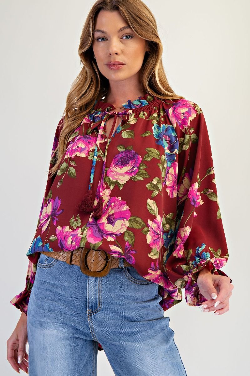 Easel Floral Printed Woven Peach Top | Ruffled Neckline Blouse - Cowtown Bling N Things