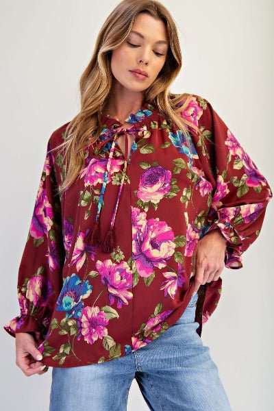 Easel Floral Printed Woven Peach Top | Ruffled Neckline Blouse - Cowtown Bling N Things