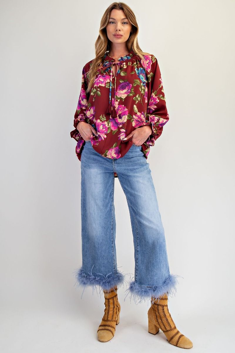 Easel Floral Printed Woven Peach Top | Ruffled Neckline Blouse - Cowtown Bling N Things