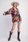 Easel Floral Printed Woven Peach Top | Ruffled Neckline Blouse - Cowtown Bling N Things