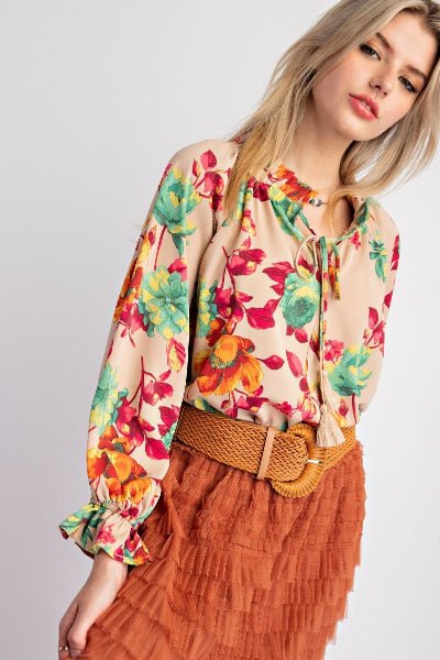 Easel Floral Printed Woven Peach Top | Ruffled Neckline Blouse - Cowtown Bling N Things