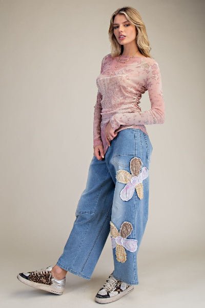 Easel Flower Patches Washed Barrel Pants - Cowtown Bling N Things