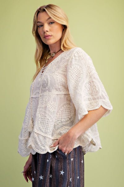 Easel Half Sleeve Embroidery Babydoll Tunic - Cowtown Bling N Things