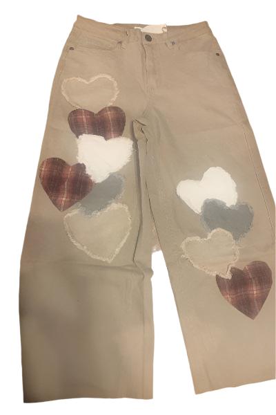 Easel| Heart Patch Stretch Twill | Pants | Khaki| S - L - Cowtown Bling N Things