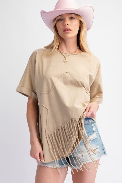Easel Mineral Washed Star Patch Fringe Top - Cowtown Bling N Things
