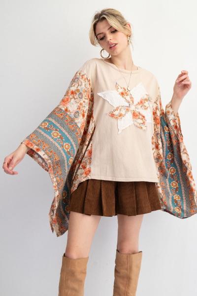 Easel| Print Mix Poncho Top| Natural | S - L - Cowtown Bling N Things